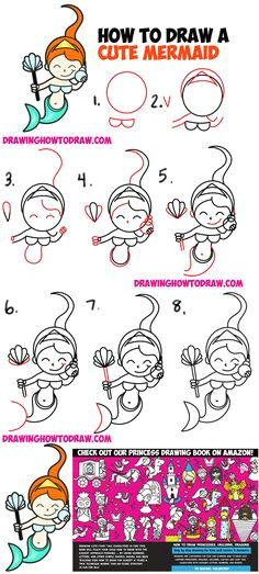 how to draw a cute cartoon mermaid kawaii with easy step by step drawing tutorial for kids