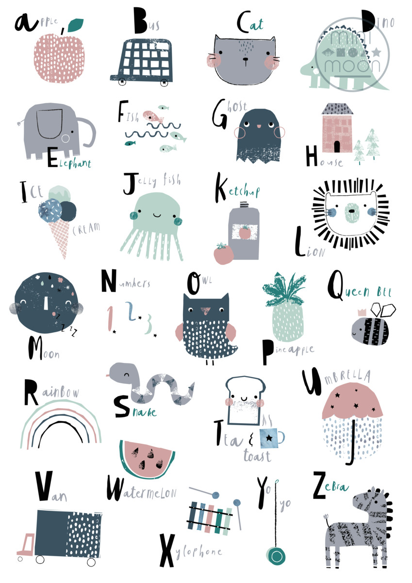 a classic alphabetical print what nursery would be the same without one right these super cute illustrations have both the alphabetical letter in bold