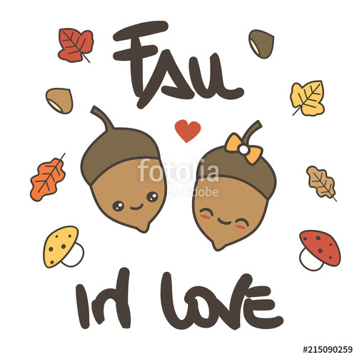 cute cartoon vector hand drawn lettering fall in love card with acorns leaves and mushrooms