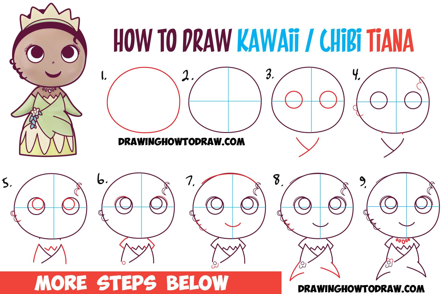 how to draw cute baby chibi kawaii tiana the disney princess easy step by step drawing tutorial