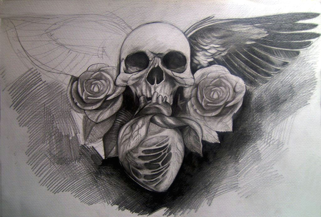 skull wings roses and heart by silviachan92 deviantart com on deviantart