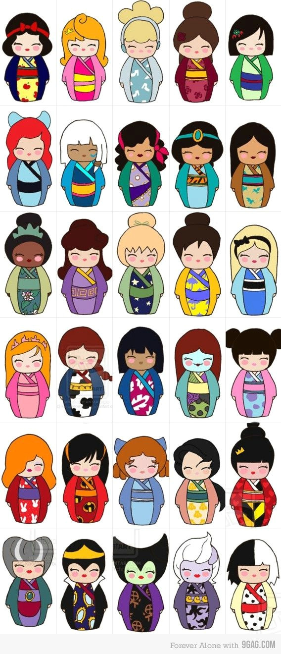 cute disney princesses and villains as japanese dolls