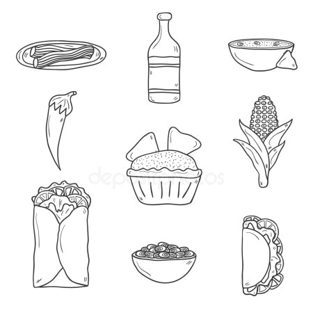 set of cute cartoon hand drawn outline icons on mexican food theme chili taco
