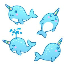 vecteur cute cartoon narwhals set narwhal drawing kawaii drawings easy drawings doodle