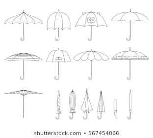 set of vector cute black and white line umbrellas in flat design style closed and