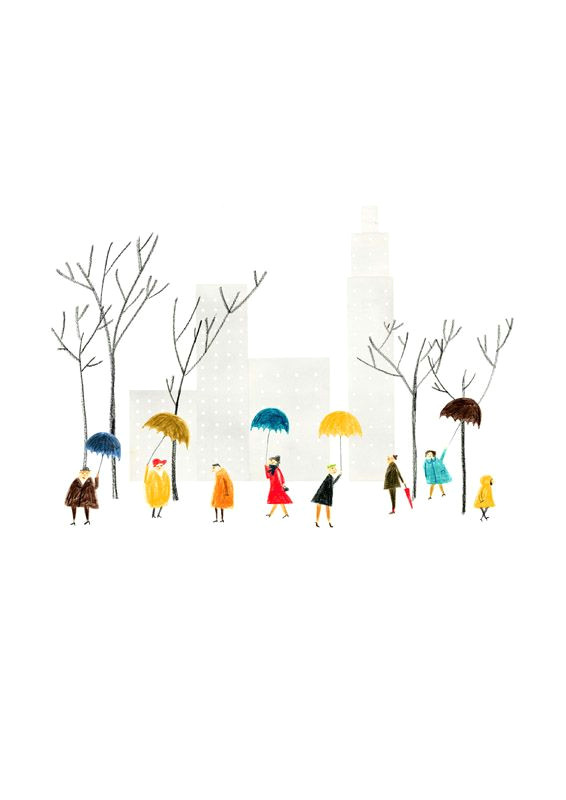 illustration winter people scene christmas town cute drawing colour umbrella