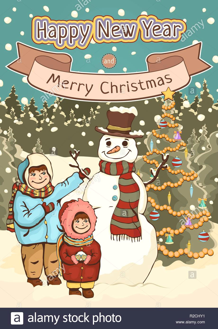 merry christmas and happy new year card poster cartoon colorful drawing vector illustration holiday background cute boy girl and snowman with de
