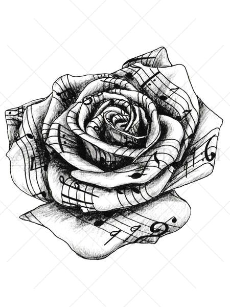 this highly detailed black and white temporary tattoo rose appears to be crafted from sheet music traditionally a rose tattoo symbolizes hope love