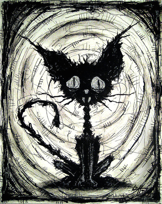 print 8x10 black cat 2 halloween cats stray spooky alley dark art pets cute animal creepy gothic art black and white kitty via etsy