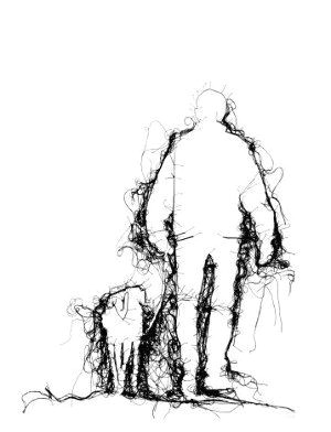 adrienne wood thread drawing man walking dog in black thread on white ground