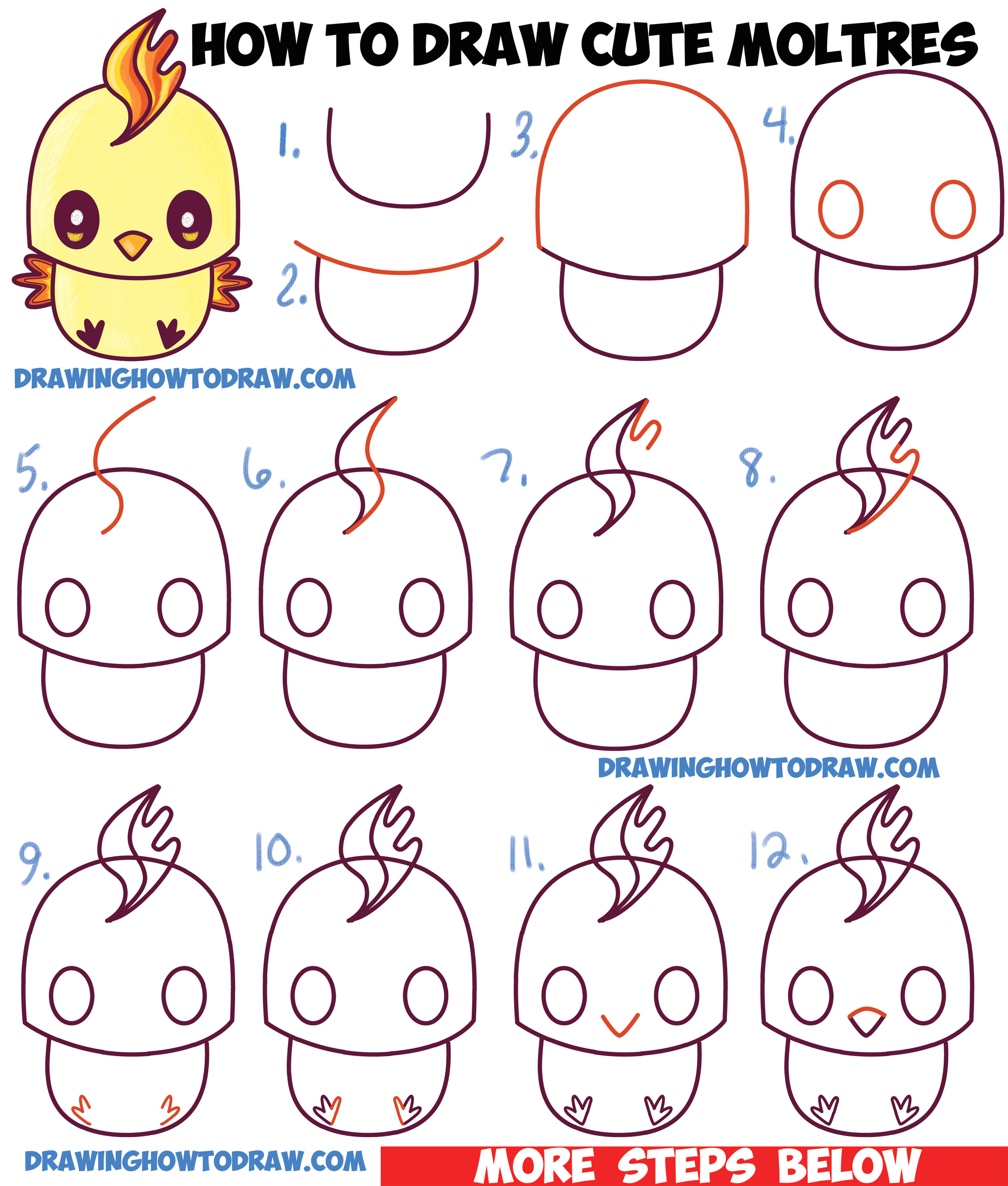 how to draw cute kawaii chibi moltres from pokemon in easy step by step