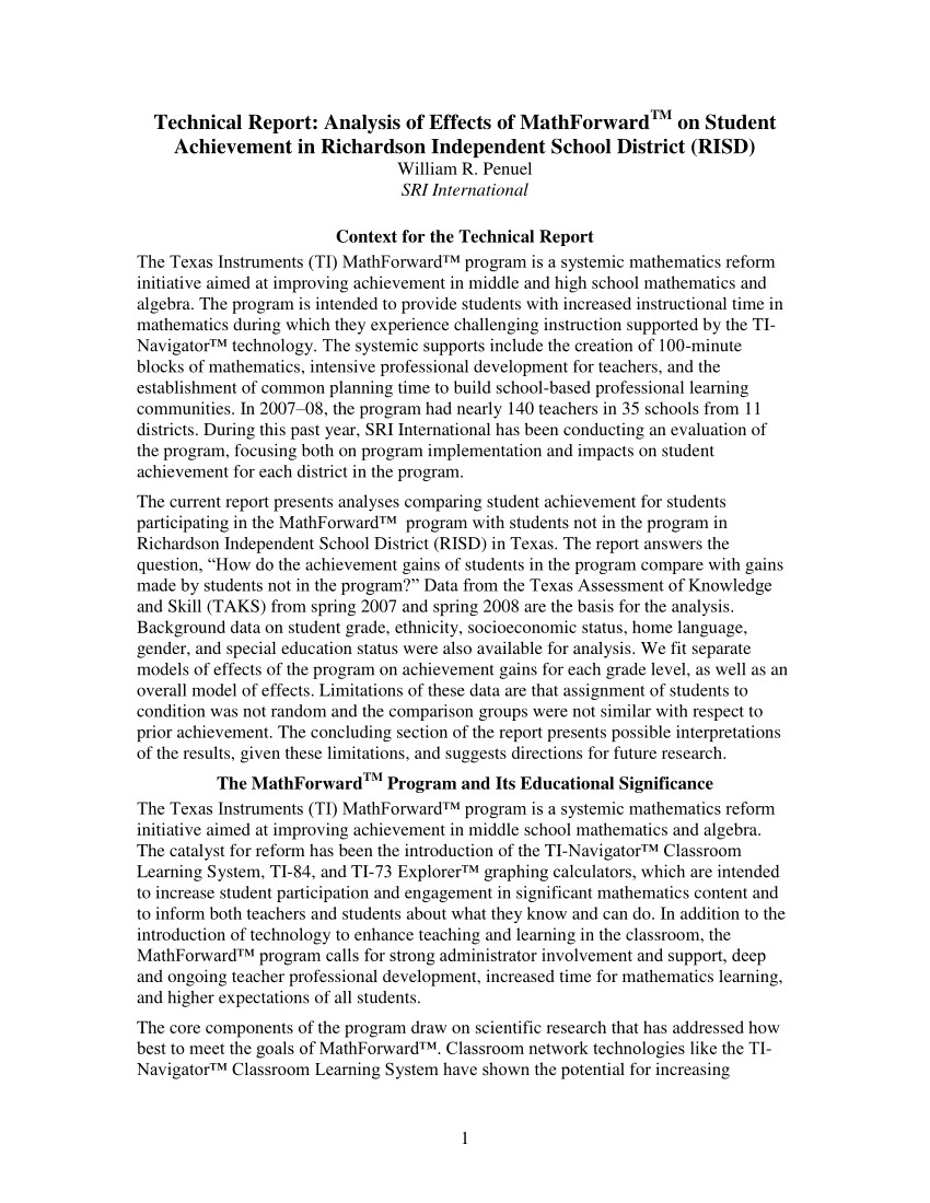 pdf technical report analysis of effects of mathforward tm on student achievement in richardson independent school district risd