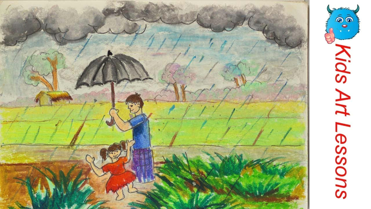 how to draw a village rainy day step by step in oil pastel