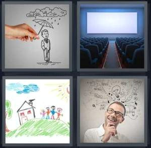 4 pics 1 word answer 7 letters for drawing of man being sheltered from rain with