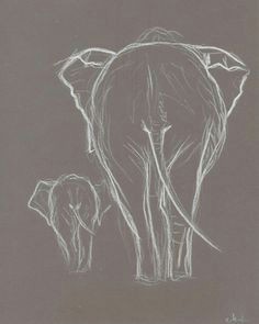 two elephant white pastel drawing original elephant drawing baby elephant with mother elephant