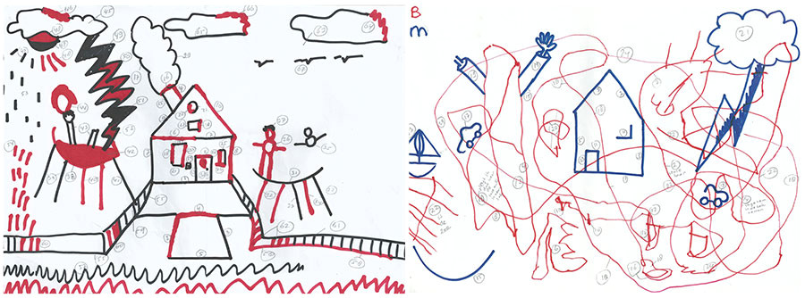 picture this interactive drawings made with a typically developing 6 year old boy left and with a 6 year old boy who has autism right
