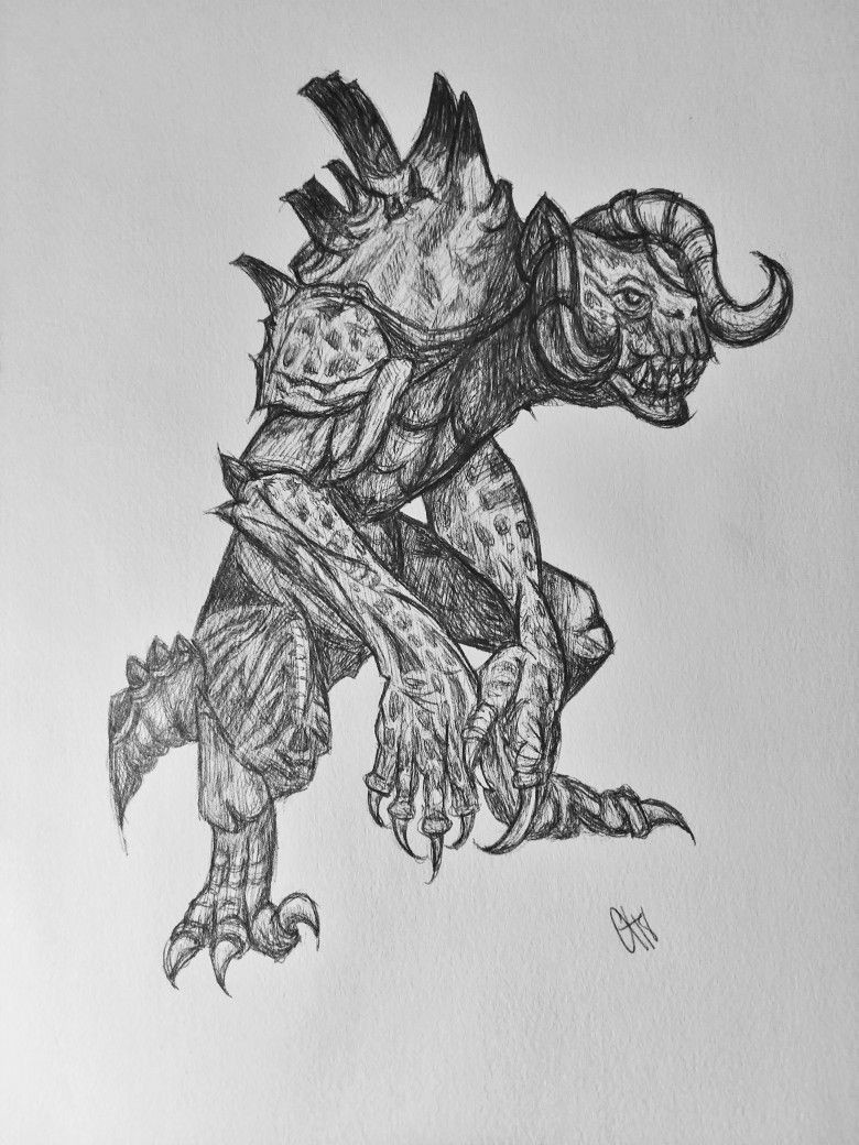 ballpoint pen drawing of a deathclaw from fallout 4