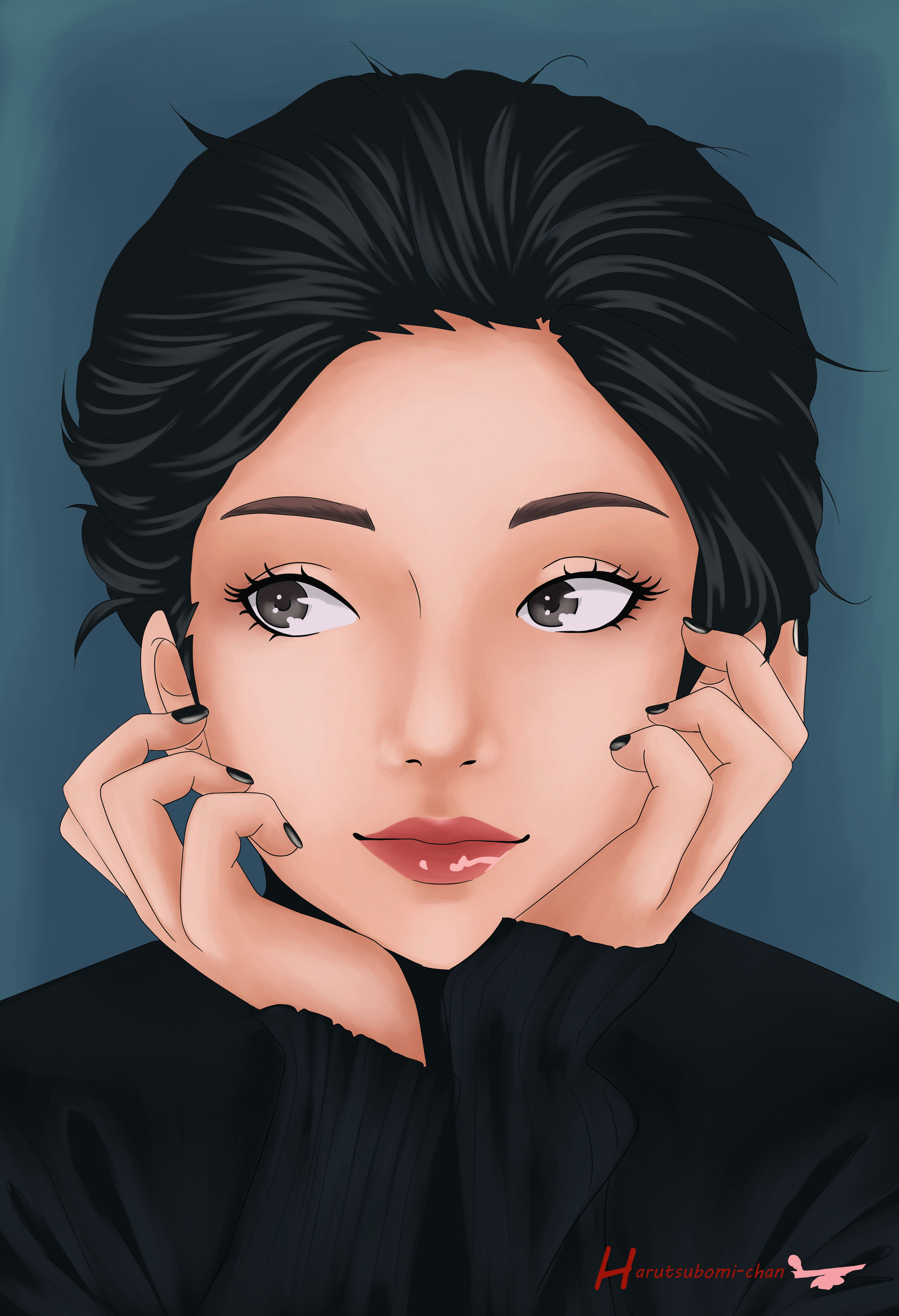 anime manga portrait girl cute drawing black eyes