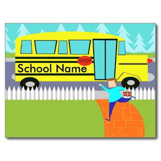 this customizable catching the school bus cartoon postcard will get your day off to a great start it features a cartoon drawing of a child carrying a red