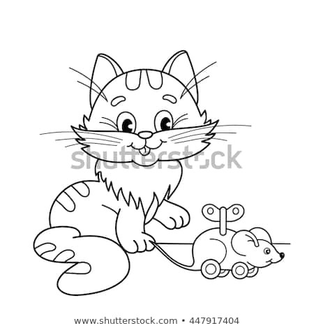 coloring page outline of cartoon cat with toy clockwork mouse coloring book for kids