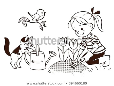 vector black and white cartoon line drawing of a cute little girl gardening in the springtime with flower bed of tulips cat watering can and robin bird