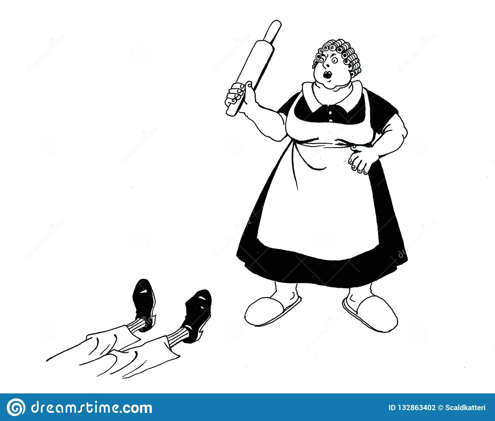 black and white comic cartoon hand drawing of angry woman hitting her husband