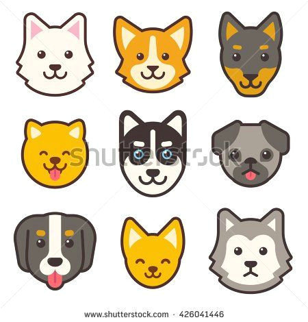 cartoon dog faces set different breeds of dogs husky corgi pug chihuahua doberman etc cute flat stickers set