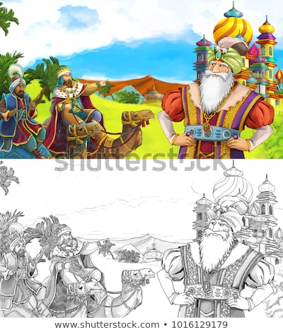 cartoon scene with happy king od prince near the castle looking around two travelers on