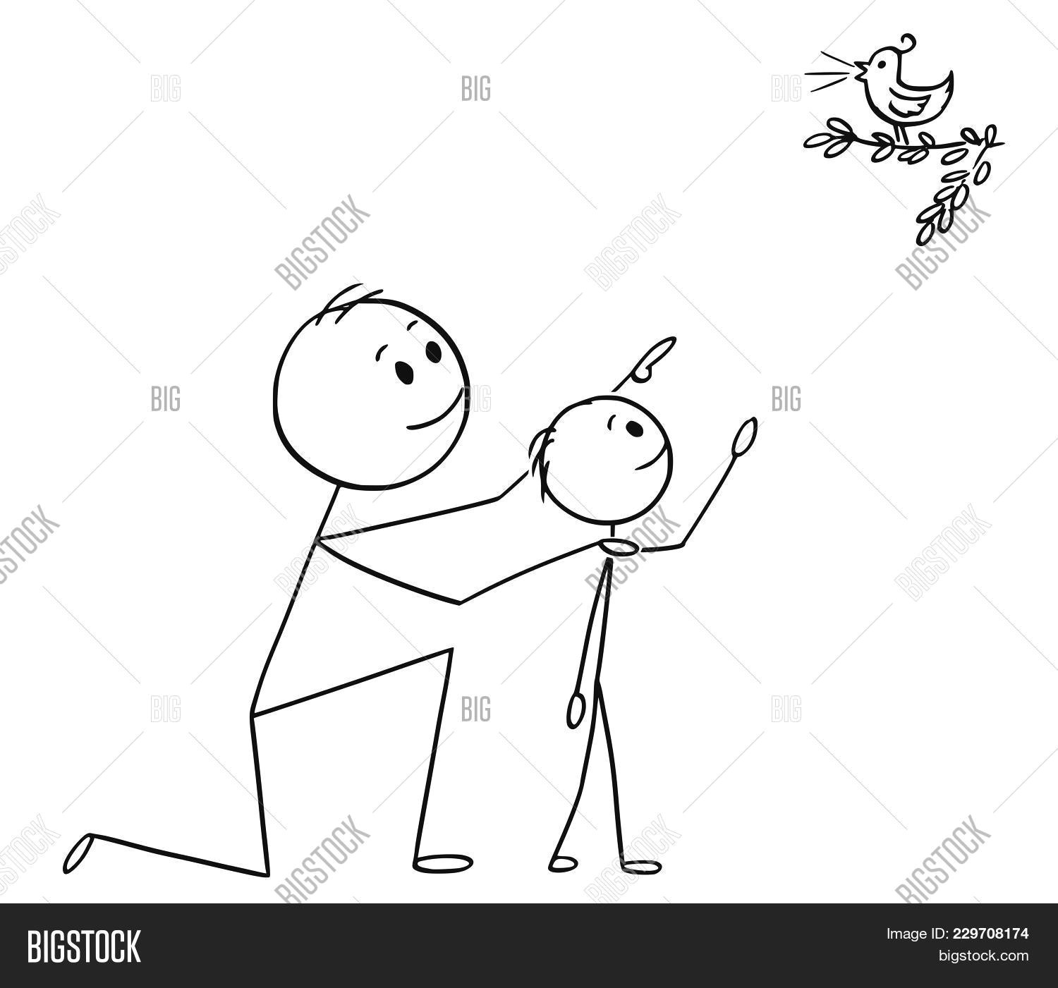cartoon stick man drawing conceptual illustration of father and son watching together a wild bird in