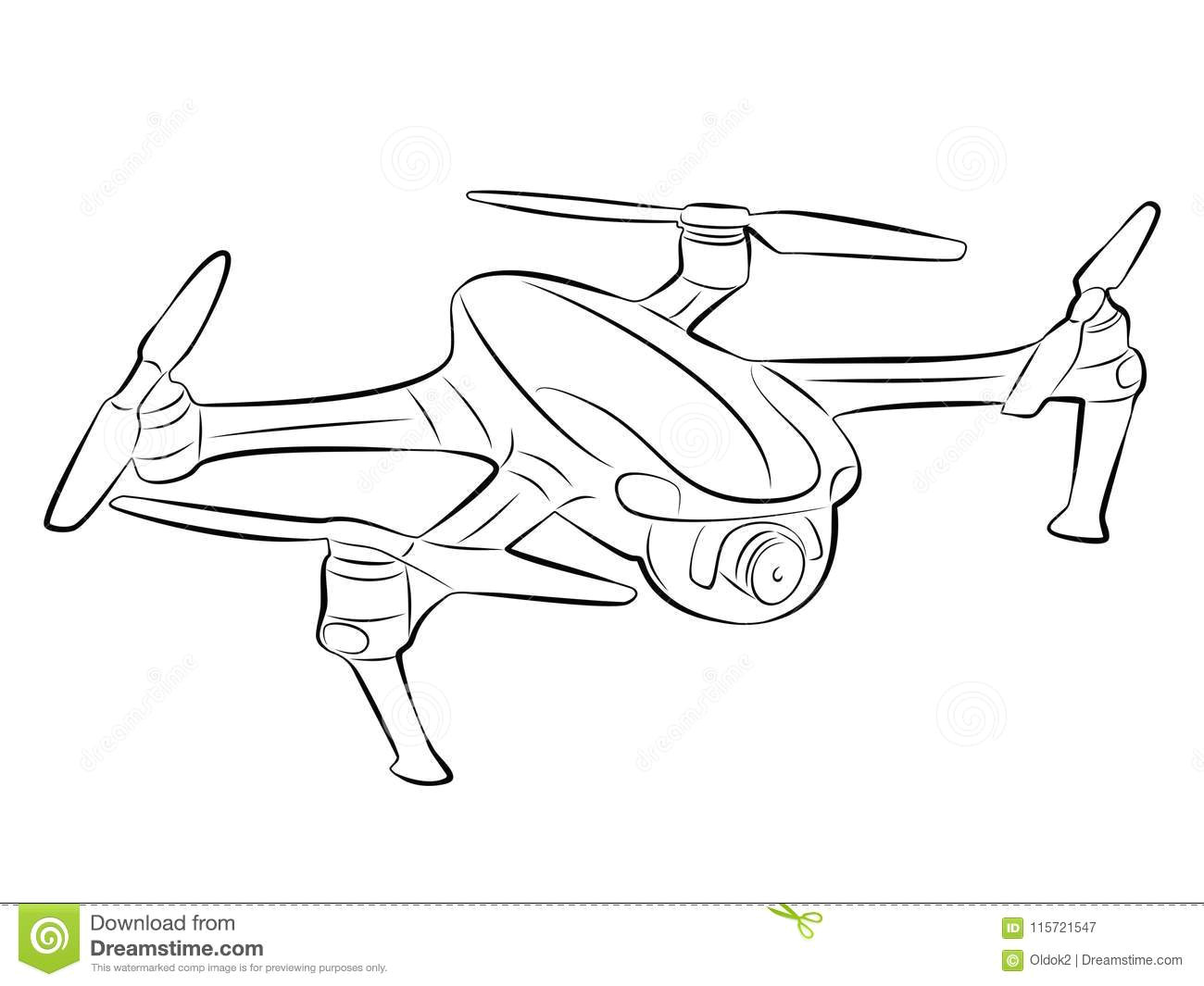 illustration of a drone flying black and white drawing white background