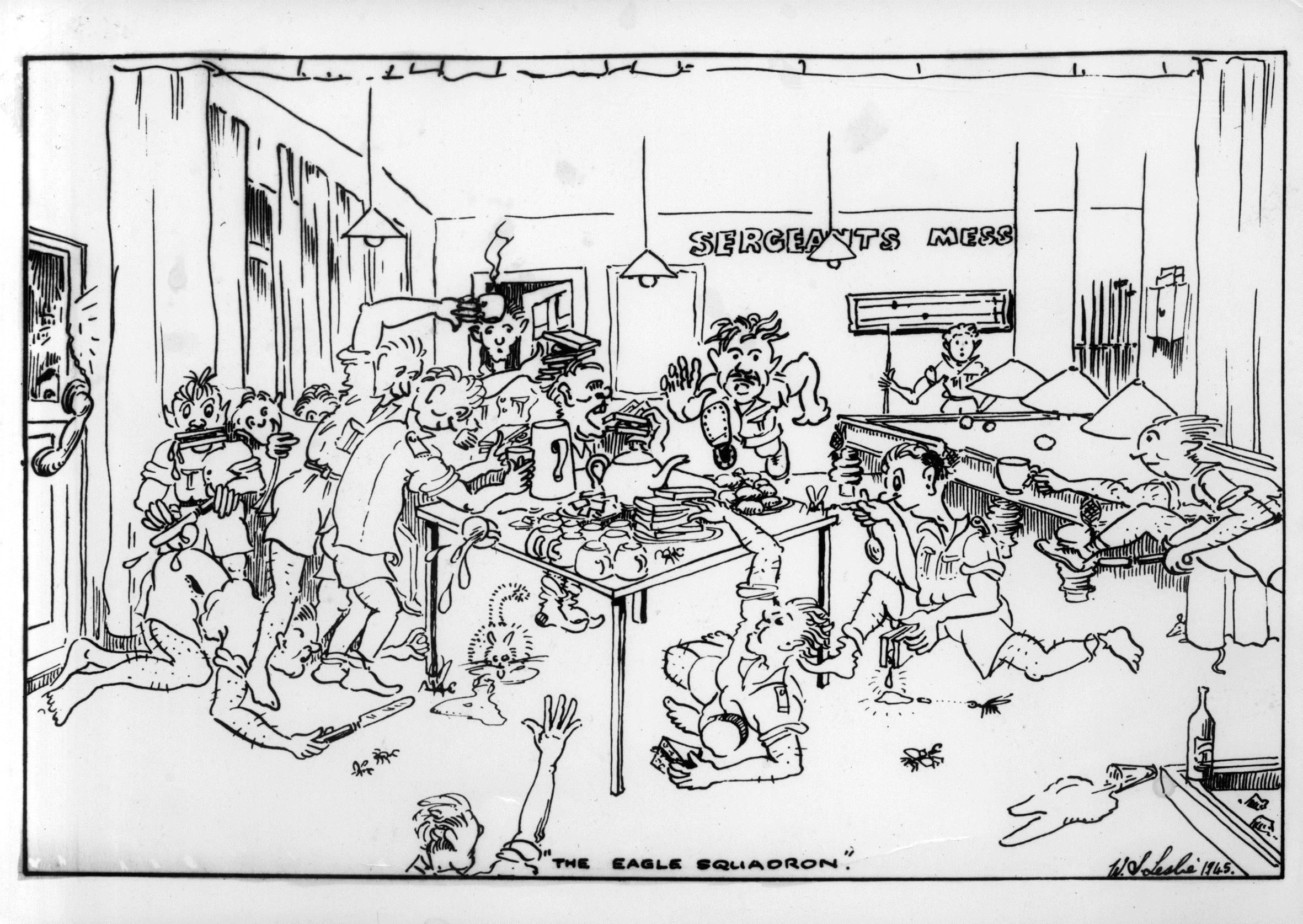 cartoon showing airmen in the sergeants mess titled eagle squadron signed by w s leslie 1945 from the collection of the air force museum of new
