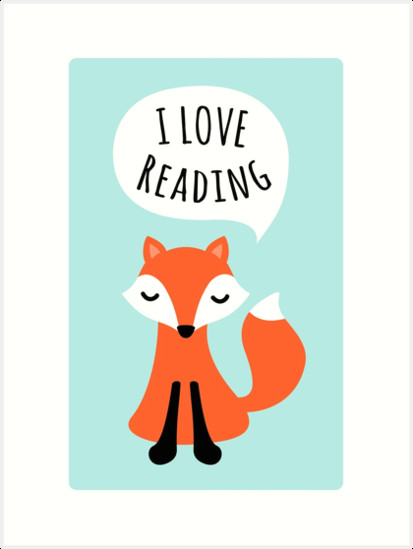 i love reading cute cartoon fox on blue background by mheadesign