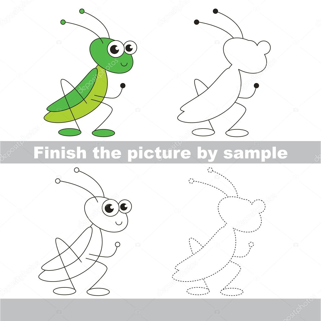 drawing worksheet for children easy educational kid game simple level of difficulty finish the picture and draw the cute grasshopper wektor od