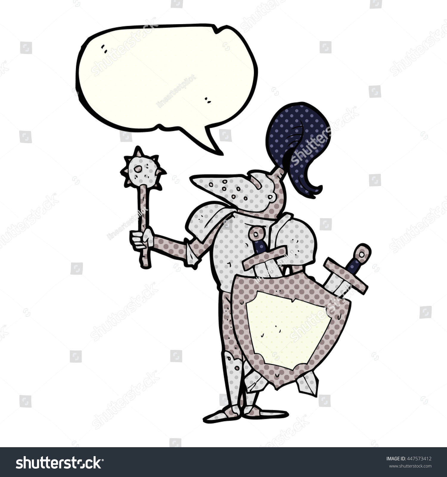 freehand drawn comic book speech bubble cartoon medieval knight with shield