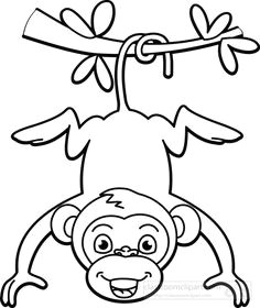 monkey hanging from tree black white outline classroom clipart