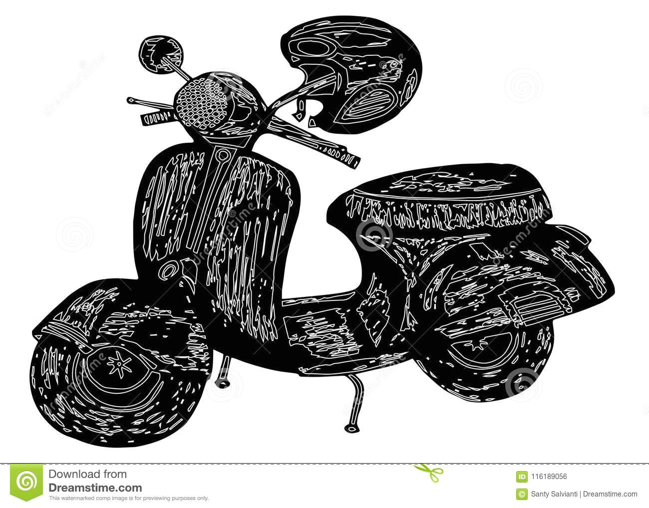 black and white vector hand drawn retro motorcycle and helmet doodle illustration