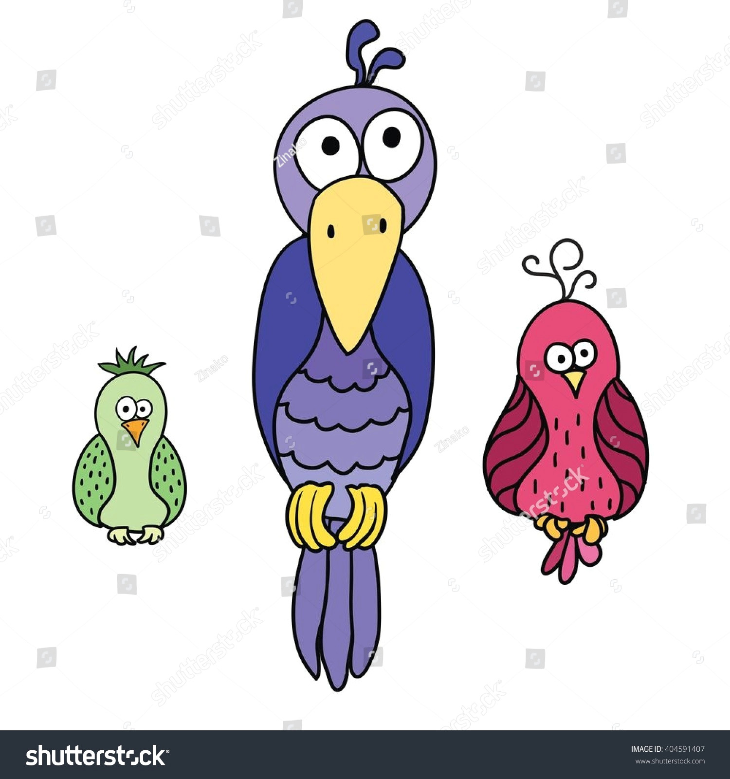 set of cute cartoon colored birds with black contour isolated in white background parrot