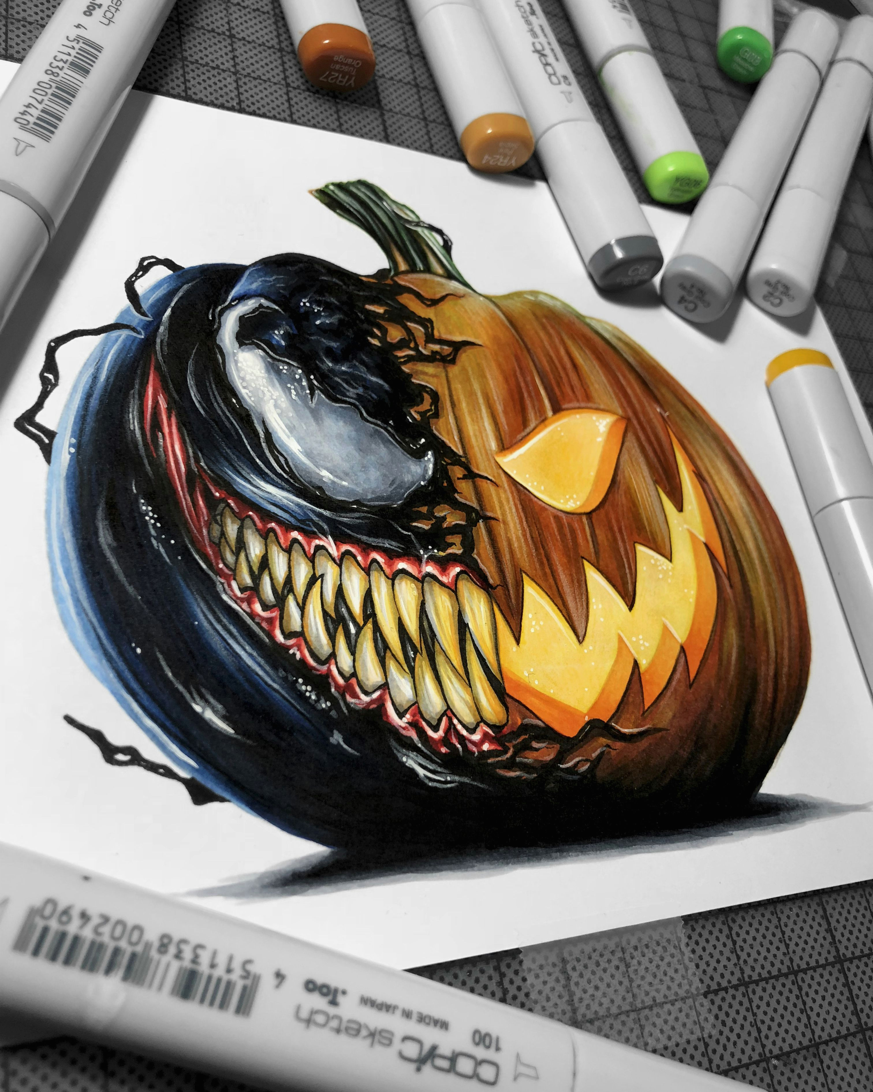 venom pumpkin drawing done with copic markers