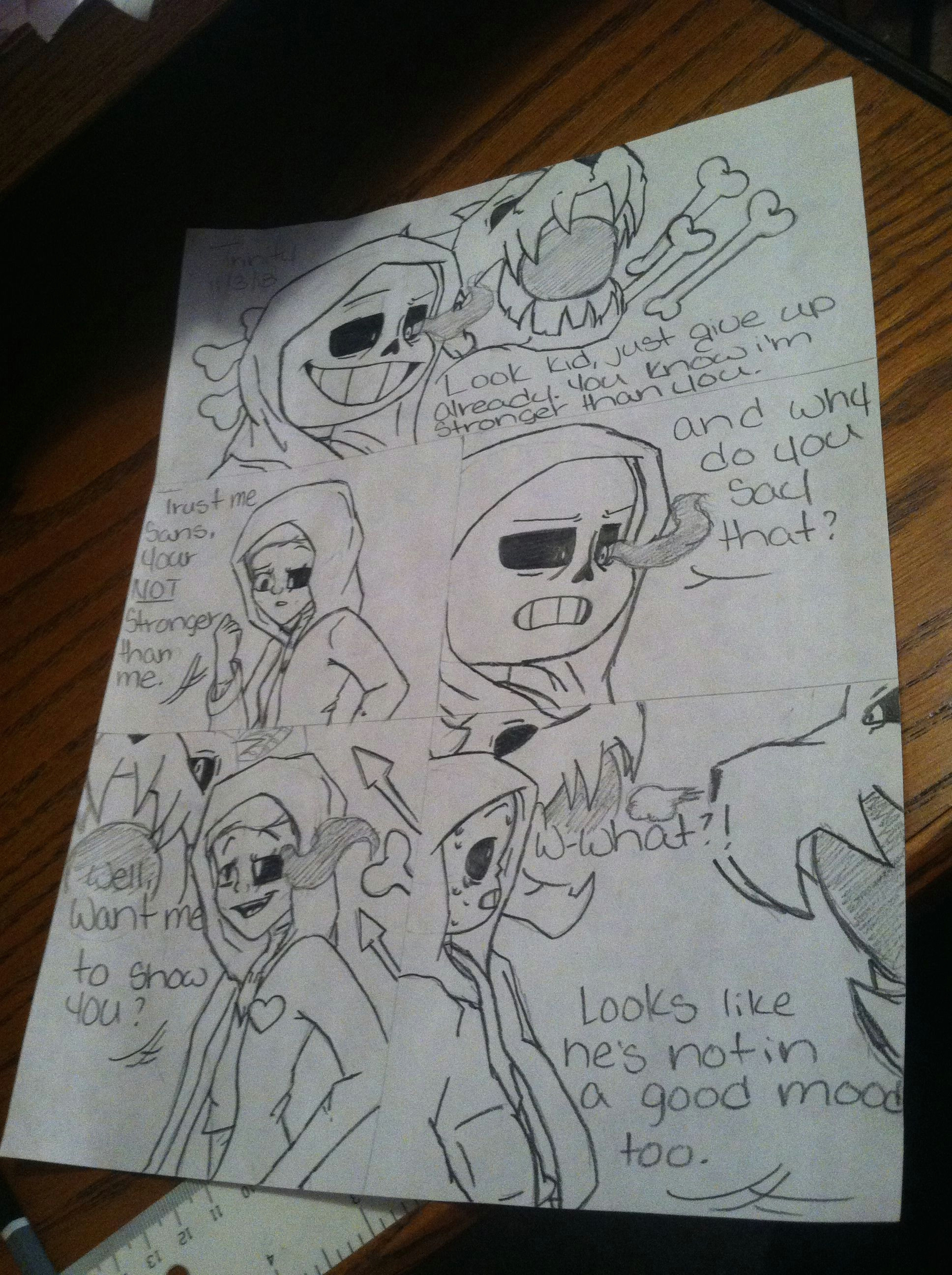 a random comic strip i made with dusttale sans and my old oc if anyone wants me to make more i will just comment