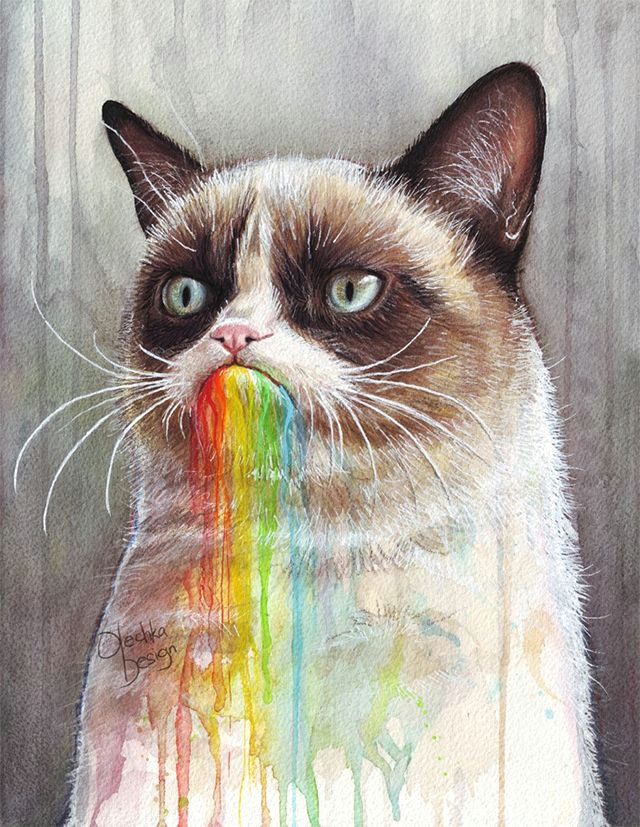 grumpy cat tastes the rainbow a painting by olechka