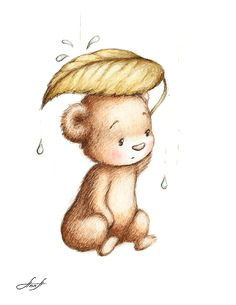 drawing of teddy bear hiding from the rain under a big green lea by anna abramska