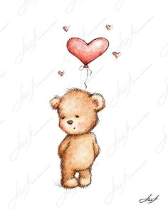 the drawing of cute teddy bear with the red heart balloon printable art digital file instant download