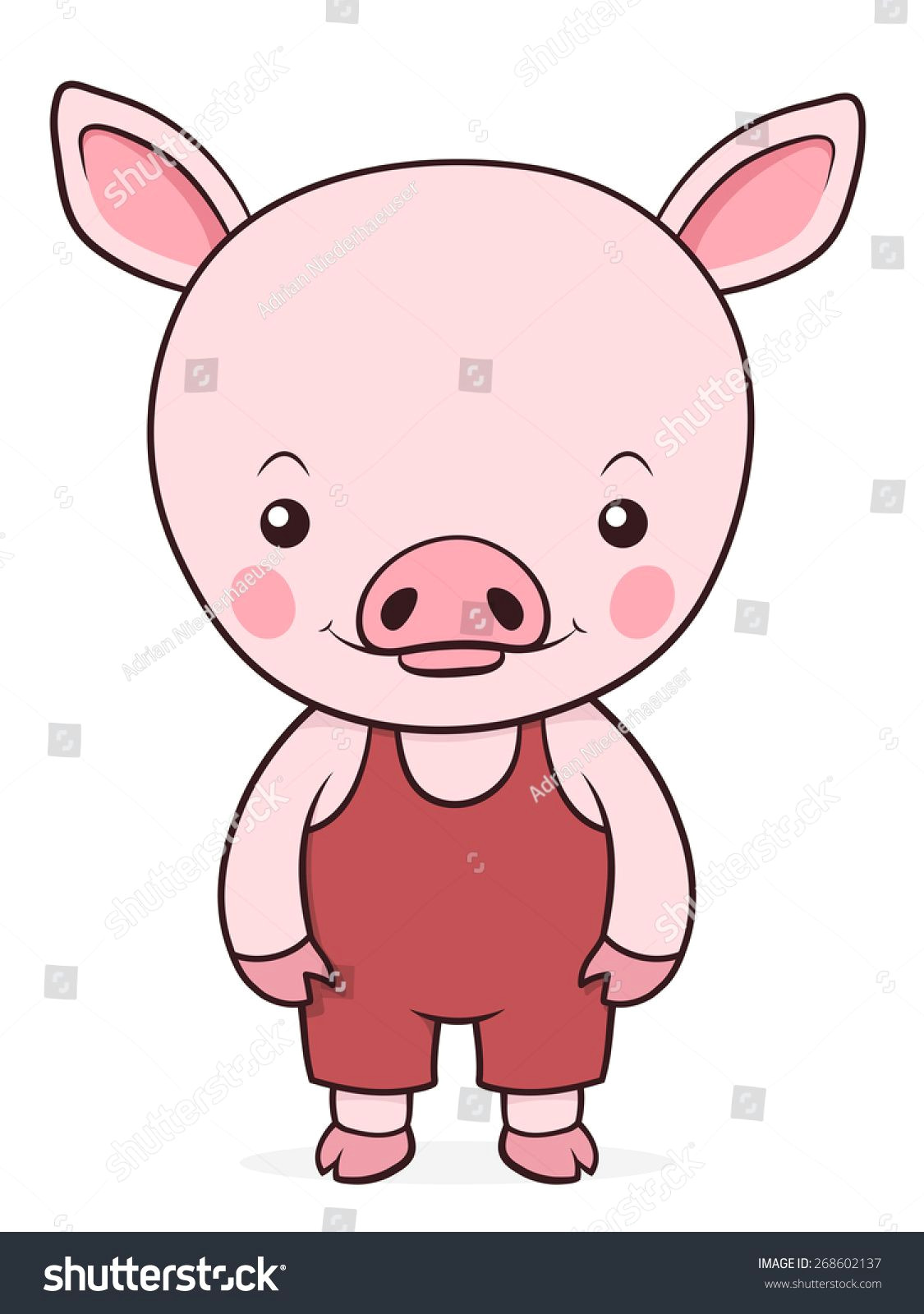 adorable isolated little pink pig in red dungarees standing looking at the viewer cartoon vector design suitable for kids