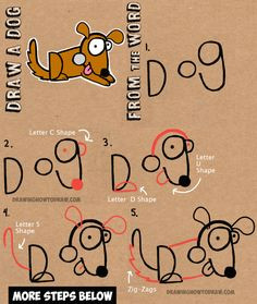 how to draw cartoon dogs with the word dog in easy steps tutorial for kids
