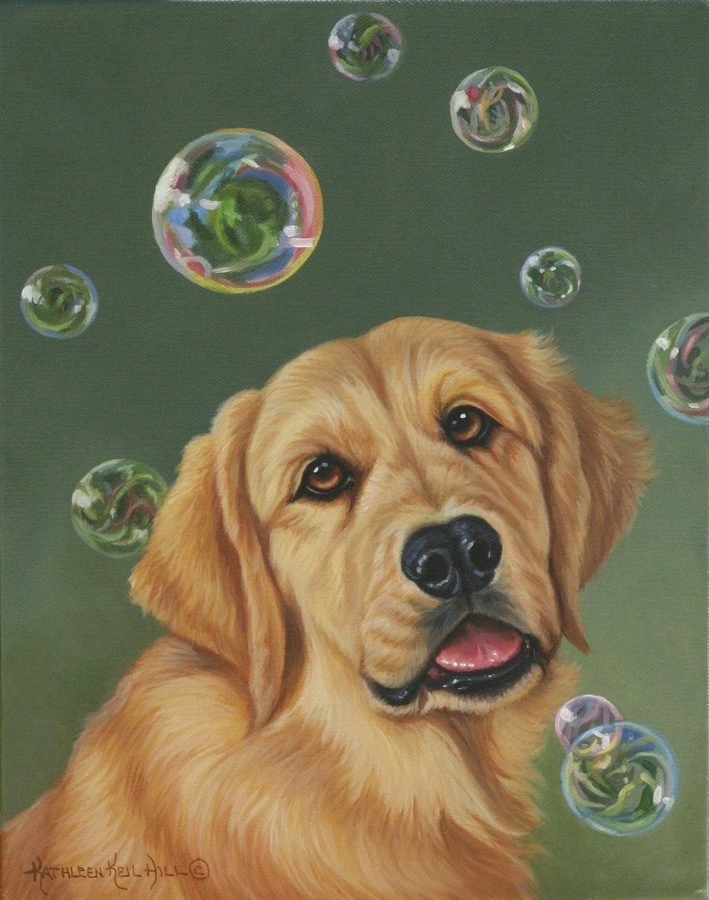 tiny bubbles a portrait of a golden retriever puppy and his first experience with bubbles 14x11 oil on canvas