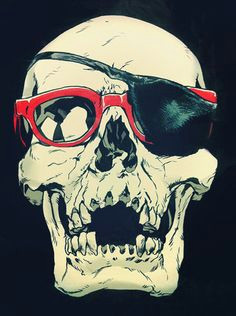 a skull missing some teeth with an eye patch over the glasses good times here