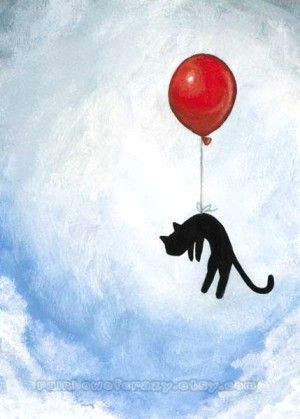 black cat art print red balloon blue sky flying cat artwork