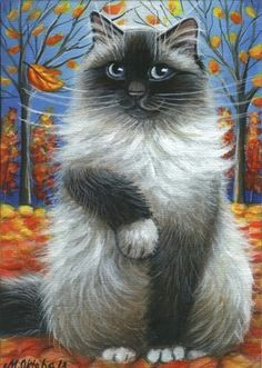 ragdoll cat blue eyes autumn fall leaves original art painting by marta mimosas siamese cats