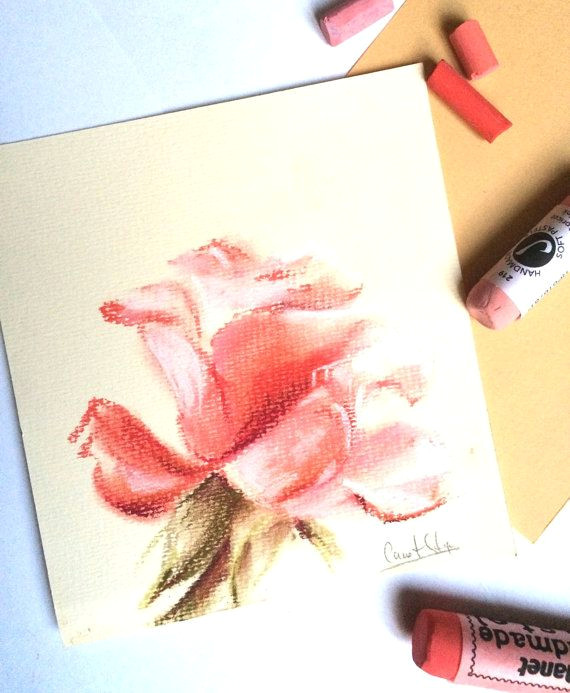 pastel drawing rose flower pink drawing art by canotstop on etsy