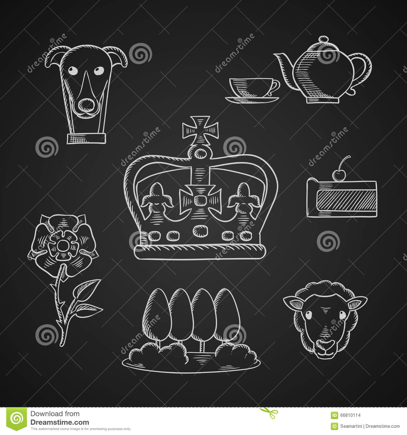 england traditional symbols and icons with heraldic tudor rose and pie park landscape dog and tea set sheep and emperor crown
